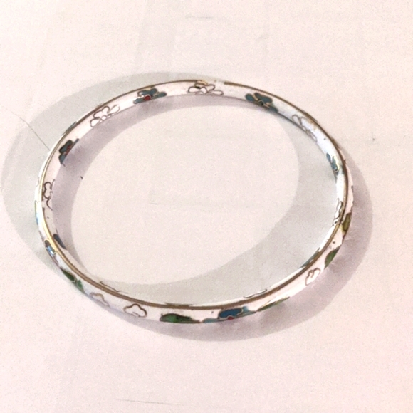 Vintage Chinese Cloisonne White Floral Bangle Bracelet 4mm 2.6 inches - Picture 2 of 6